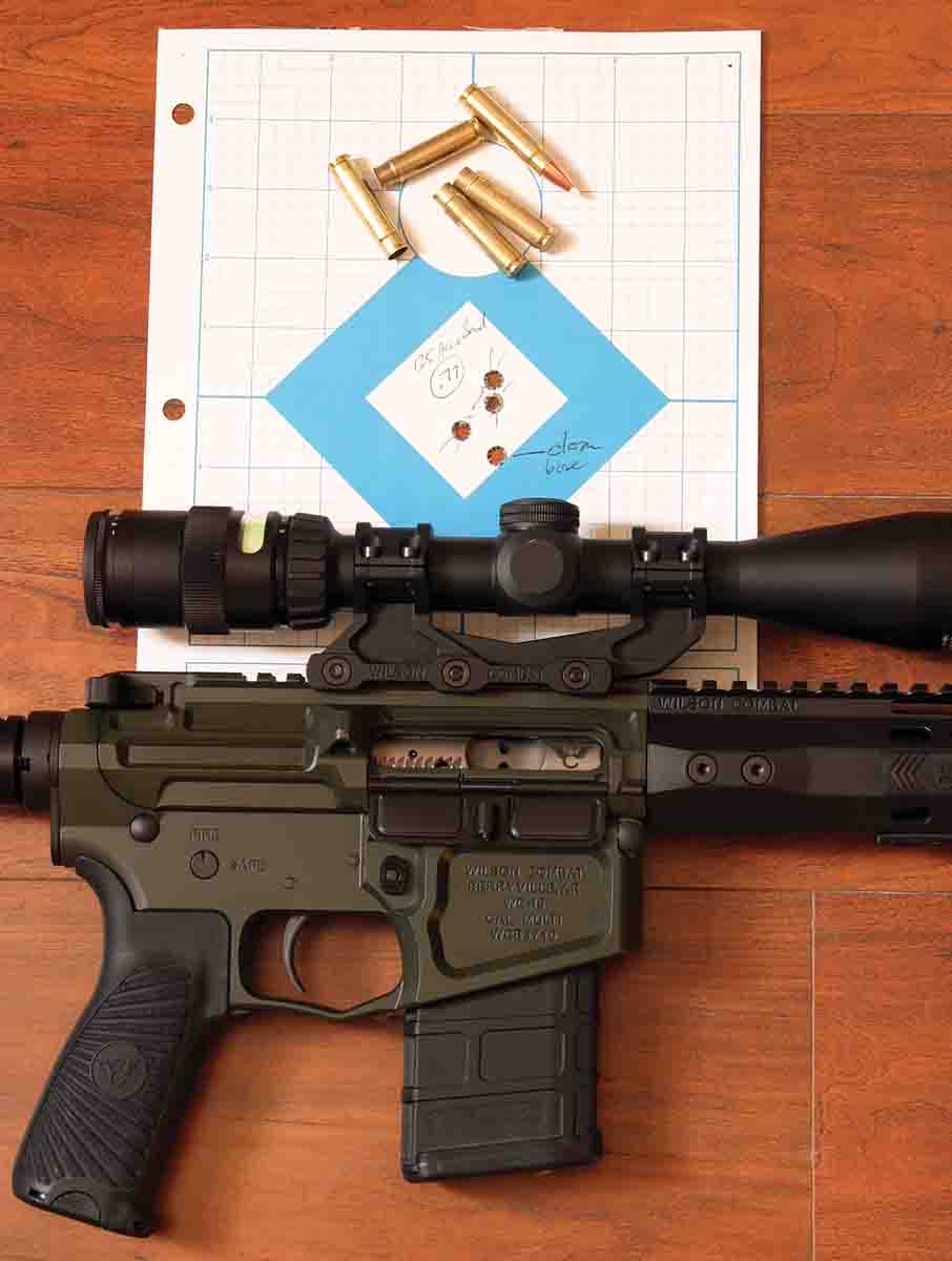 The most consistent accuracy occurred with 125- to 130-grain bullets and Accurate 1680, with three-shot groups usually grouping around .75 inch or less. The bottom shot was a fouler after cleaning the bore.